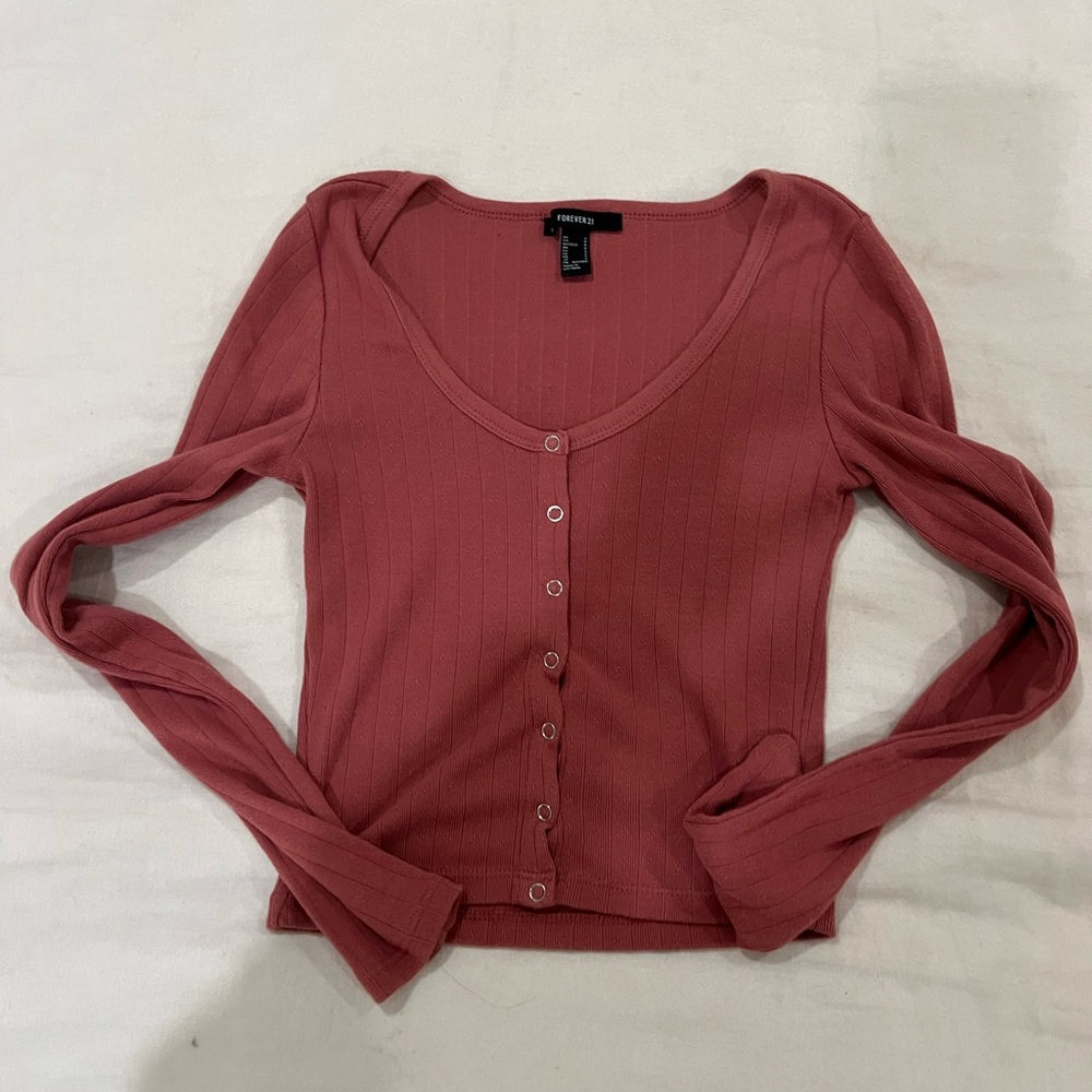 Forever 21 Ribbed Button-Down Top - Mauve